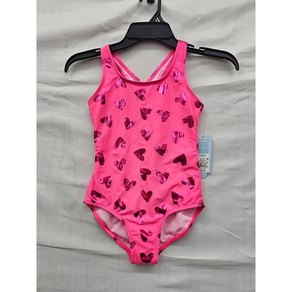 Cat & Jack Girls Heart One Piece Swimsuit Pink Polyester Blend Casual Size Small